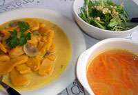 Pumpkin gnocchi in rosemary sauce and mizuna and broccoli salad