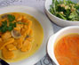 Pumpkin gnocchi in rosemary sauce and mizuna and broccoli salad